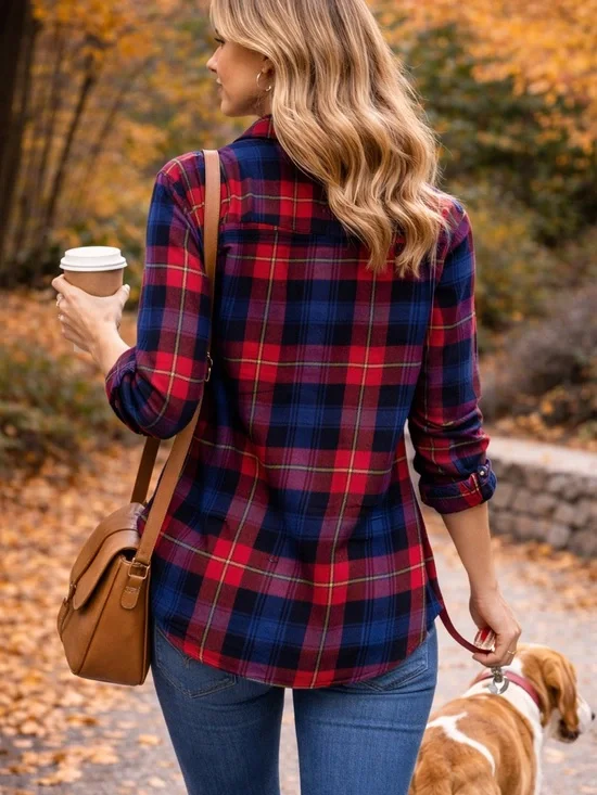 American Eagle Plaid Flannel Shirt Womens Large Red Blue Button Front - Picture 9 of 9